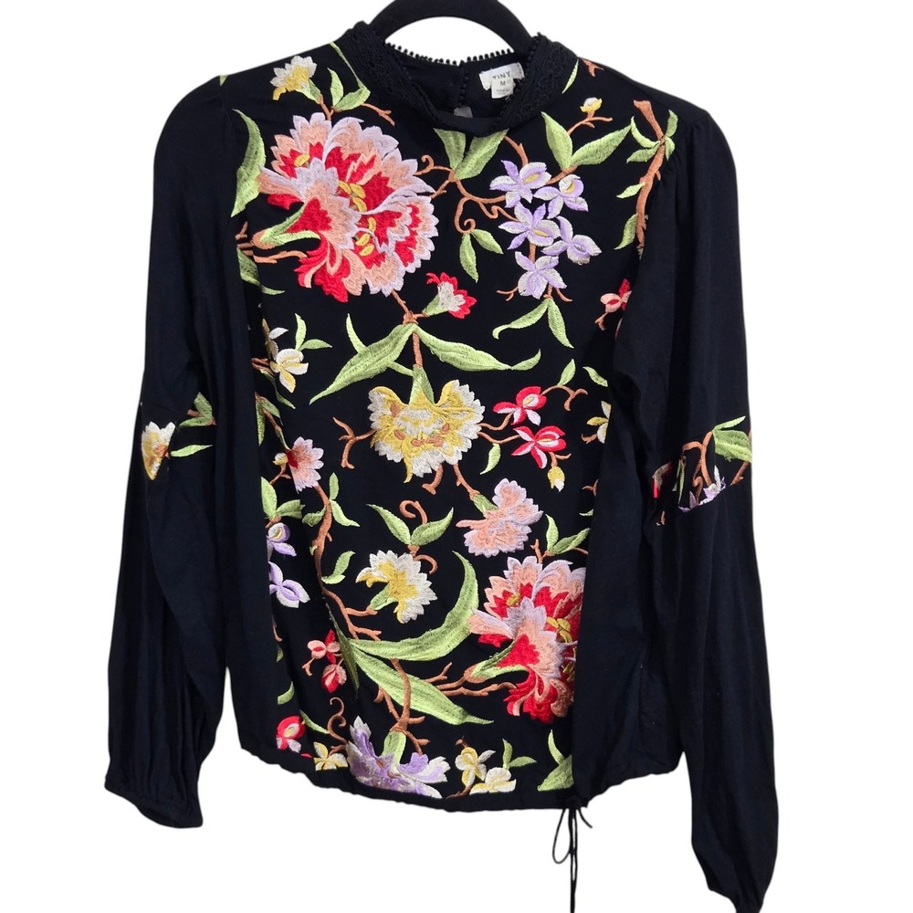 TINY Embroidered Top M Black Floral Crochet Lace Mock Neck Top Anthropologie